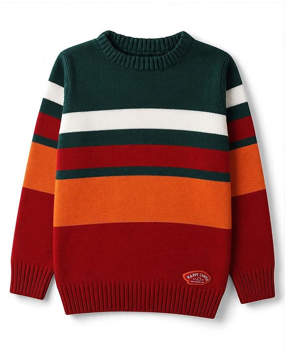 Babyhug Knit Full Sleeves Striped Pullover Sweater With Patch - Red
