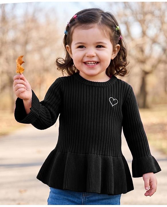 Babyhug Knit Full Sleeves Hearts Embroidered Pullover Sweater - Black