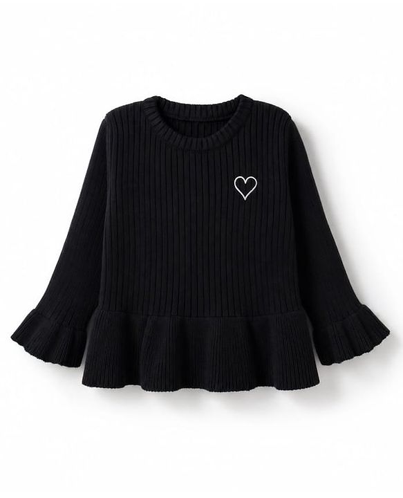 Babyhug Knit Full Sleeves Hearts Embroidered Pullover Sweater - Black