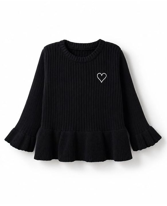 Babyhug Knit Full Sleeves Hearts Embroidered Pullover Sweater - Black