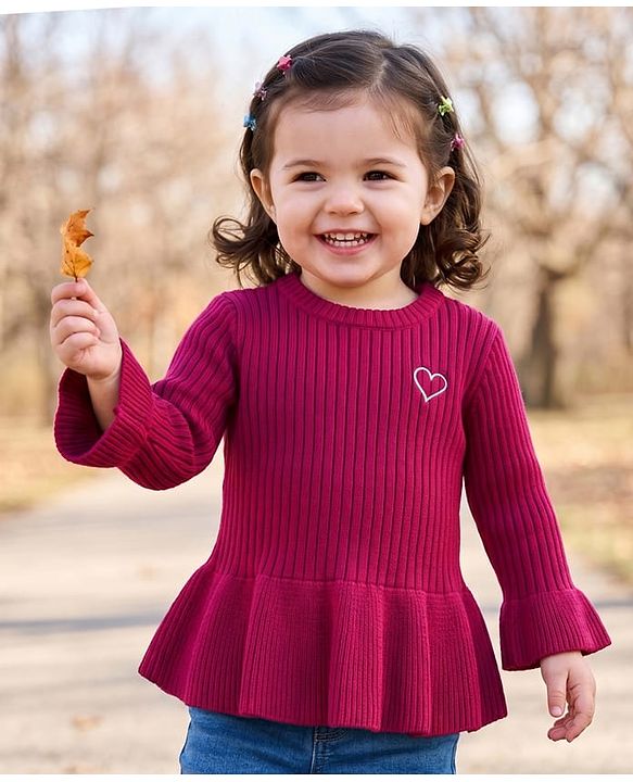Babyhug Knit Full Sleeves Pullover with Heart Embroidery -  Maroon