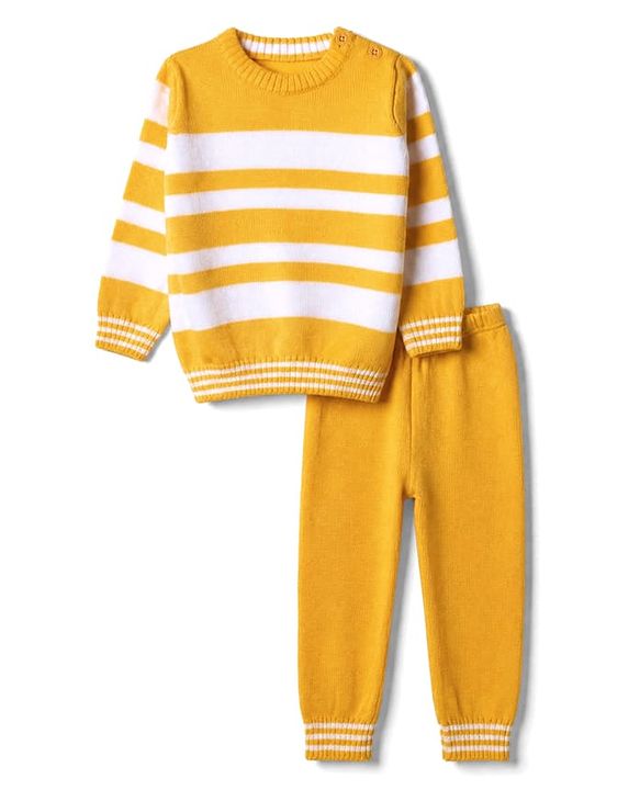 Babyhug Knit Full Sleeves Striped Sweater Set - Yellow