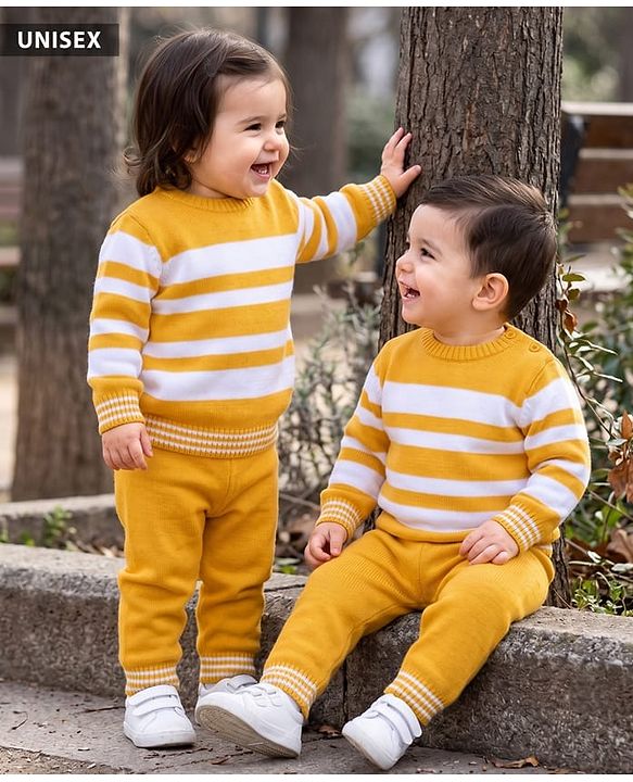 Babyhug Knit Full Sleeves Striped Sweater Set - Yellow
