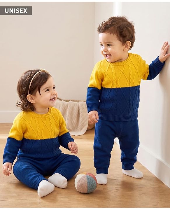 Babyhug Knit Full Sleeves Color Block Sweater Set - Yellow