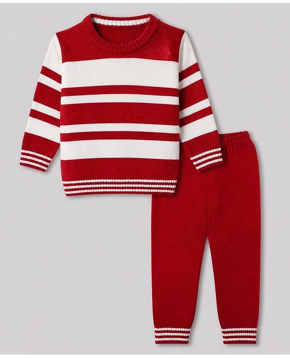 Babyhug Knit Full Sleeves Stripped Sweater Set - Red