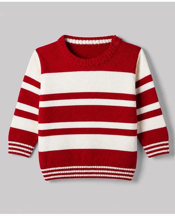 Babyhug Knit Full Sleeves Stripped Sweater Set - Red