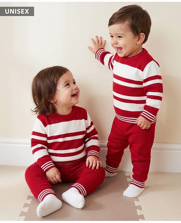Babyhug Knit Full Sleeves Stripped Sweater Set - Red