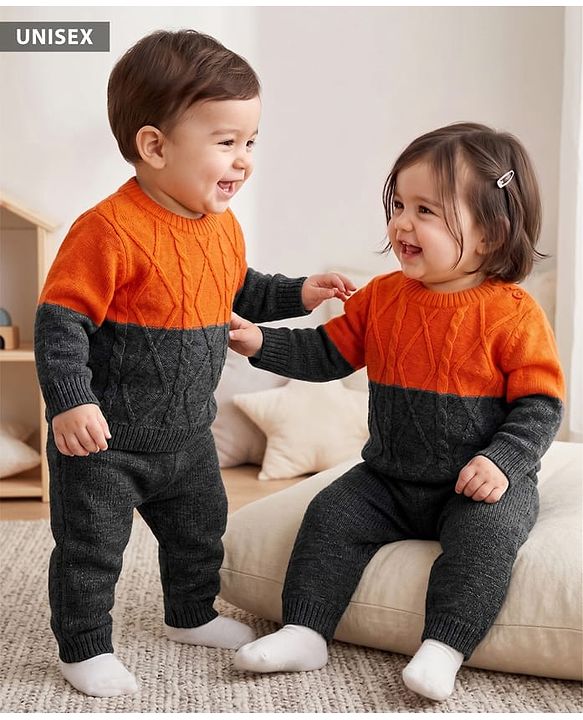 Babyhug Knit Full Sleeves Color Block Sweater Set - Orange Grey