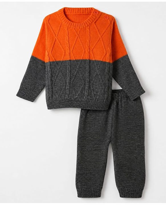Babyhug Knit Full Sleeves Color Block Sweater Set - Orange Grey