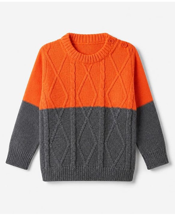 Babyhug Knit Full Sleeves Color Block Sweater Set - Orange Grey