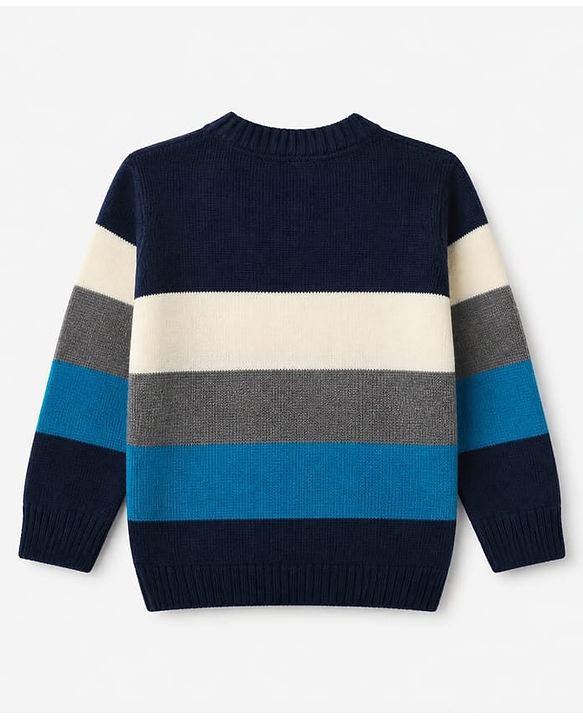 Babyhug Knit Full Sleeves Striped Sweater Set - Navy Blue, White & Blue