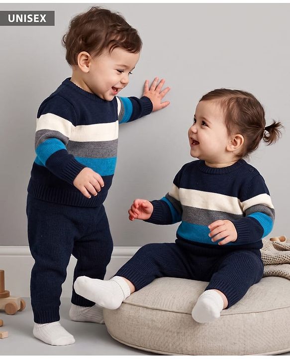 Babyhug Knit Full Sleeves Striped Sweater Set - Navy Blue, White & Blue