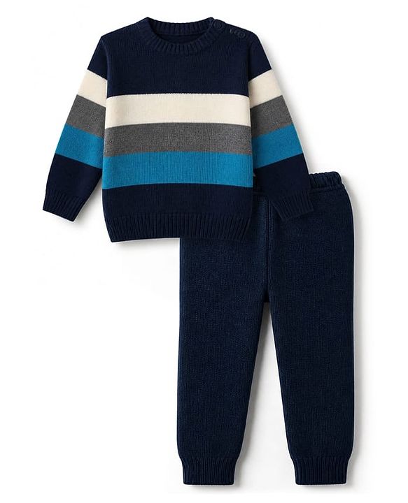 Babyhug Knit Full Sleeves Striped Sweater Set - Navy Blue, White & Blue
