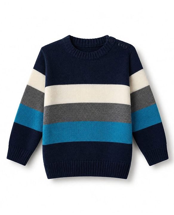 Babyhug Knit Full Sleeves Striped Sweater Set - Navy Blue, White & Blue