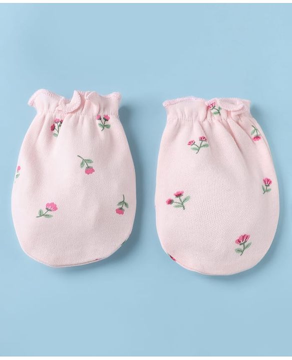 Babyhug 100% Cotton Interlock Knit Cap, Mittens & Booties with Floral Print in Pink - Diameter 15 cm