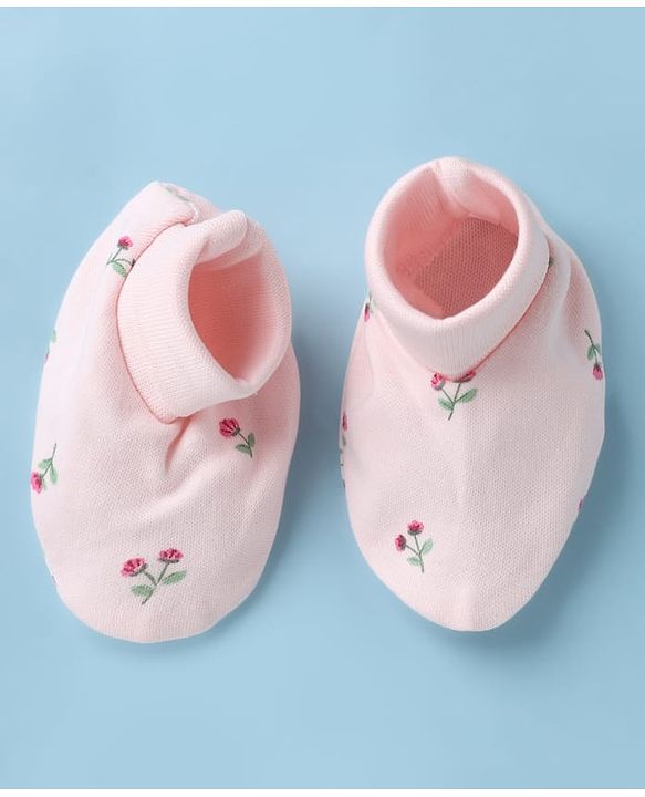 Babyhug 100% Cotton Interlock Knit Cap, Mittens & Booties with Floral Print in Pink - Diameter 15 cm