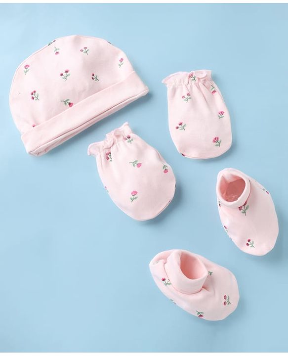 Babyhug 100% Cotton Interlock Knit Cap, Mittens & Booties with Floral Print in Pink - Diameter 15 cm