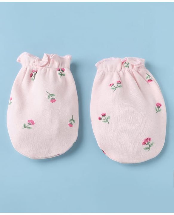 Babyhug 100% Cotton Interlock Knit Cap, Mittens & Booties with Floral Print in Pink - Diameter 15 cm
