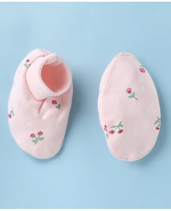 Babyhug 100% Cotton Interlock Knit Cap, Mittens & Booties with Floral Print in Pink - Diameter 15 cm