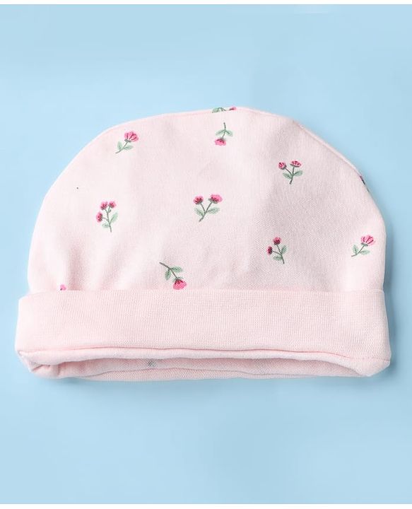 Babyhug 100% Cotton Interlock Knit Cap, Mittens & Booties with Floral Print in Pink - Diameter 15 cm