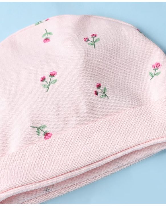 Babyhug 100% Cotton Interlock Knit Cap, Mittens & Booties with Floral Print in Pink - Diameter 15 cm