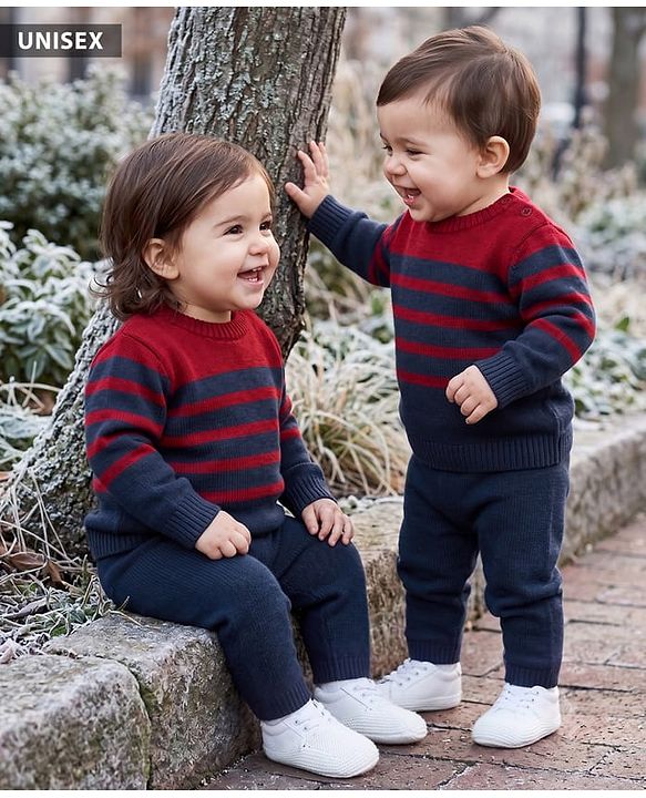 Babyhug Knit Full Sleeves Stripped Sweater Set - Red Navy Blue