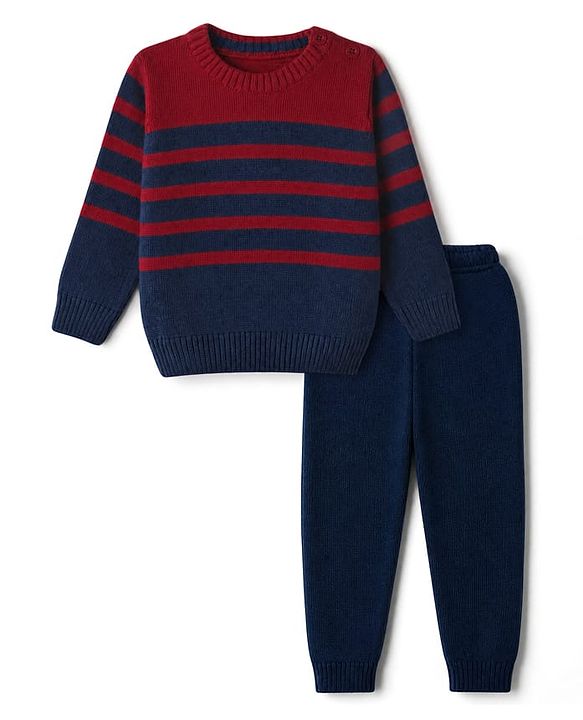 Babyhug Knit Full Sleeves Stripped Sweater Set - Red Navy Blue