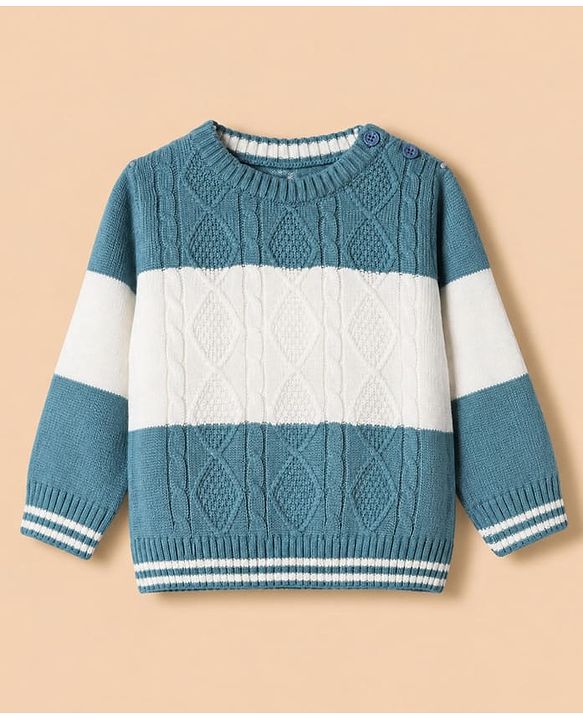 Babyhug Knit Full Sleeves Sweater and Pants Set with Cable Knit Design - White & Green