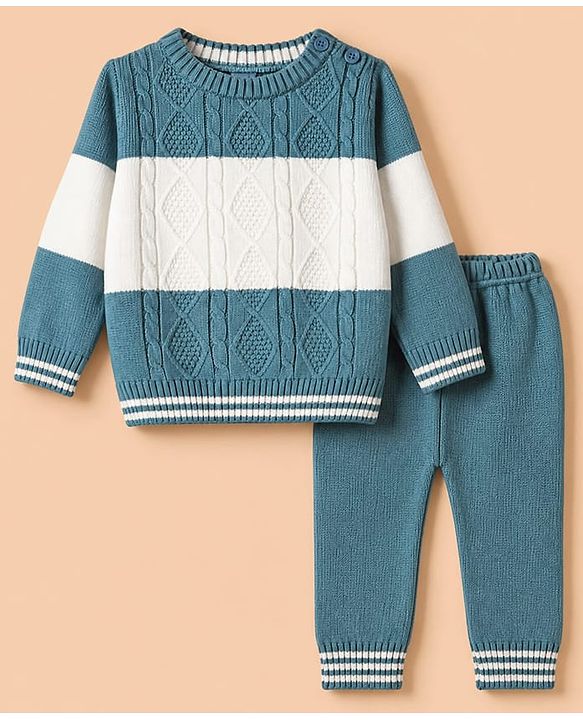 Babyhug Knit Full Sleeves Sweater and Pants Set with Cable Knit Design - White & Green
