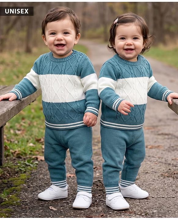 Babyhug Knit Full Sleeves Sweater and Pants Set with Cable Knit Design - White & Green