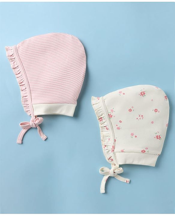 Babyhug 100% Cotton Interlock Printed Knit Baby Caps in White - Diameter 13 cm
