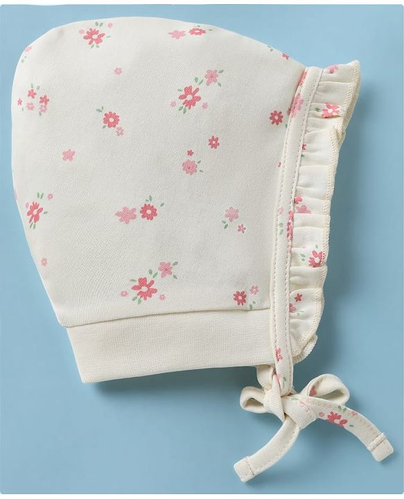 Babyhug 100% Cotton Interlock Printed Knit Baby Caps in White - Diameter 13 cm