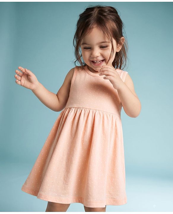 Babyhug 100% Cotton Single Jersey Knit Sleeveless One Piece Dress with Polka Dots Print - Peach