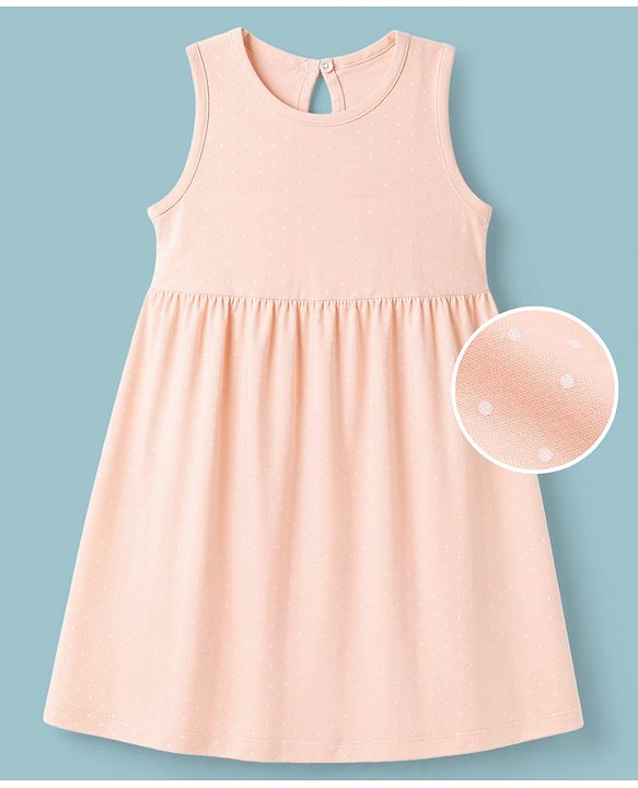 Babyhug 100% Cotton Single Jersey Knit Sleeveless One Piece Dress with Polka Dots Print - Peach