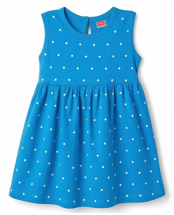 Babyhug 100% Cotton Knit Sleeveless Polka Dots Printed Frock - Blue