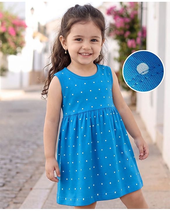 Babyhug 100% Cotton Knit Sleeveless Polka Dots Printed Frock - Blue