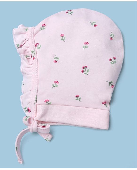 Babyhug 100% Cotton Interlock Knit Caps with Knot with Floral Polka Dots Print Pack of 2 Pink & Light Pink - Diameter 13 cm