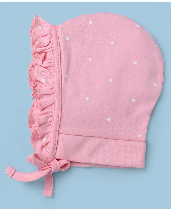 Babyhug 100% Cotton Interlock Knit Caps with Knot with Floral Polka Dots Print Pack of 2 Pink & Light Pink - Diameter 13 cm