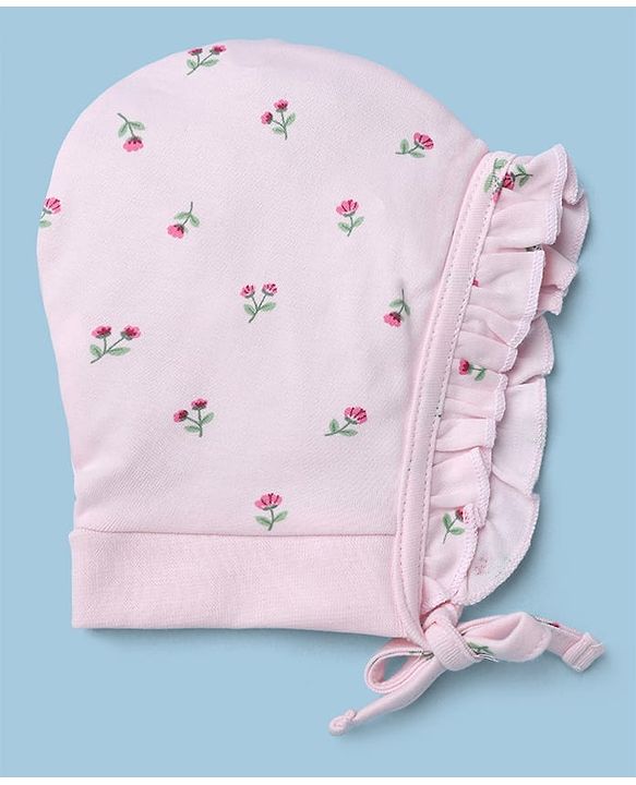 Babyhug 100% Cotton Interlock Knit Caps with Knot with Floral Polka Dots Print Pack of 2 Pink & Light Pink - Diameter 13 cm
