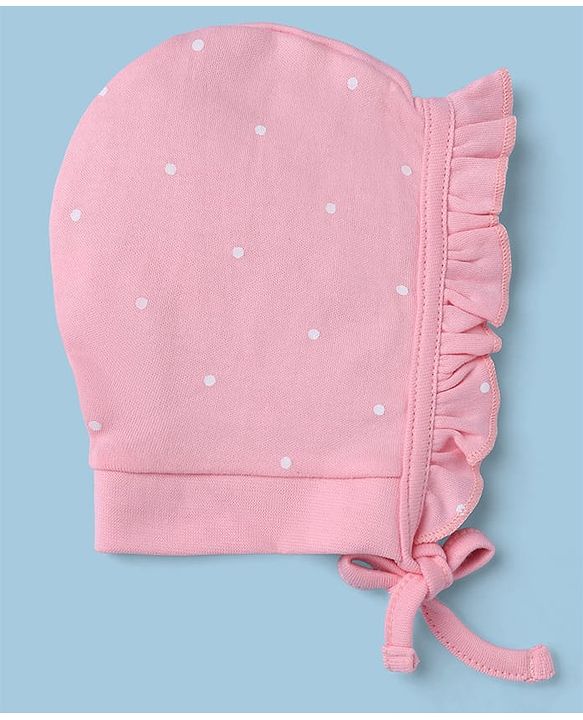 Babyhug 100% Cotton Interlock Knit Caps with Knot with Floral Polka Dots Print Pack of 2 Pink & Light Pink - Diameter 13 cm
