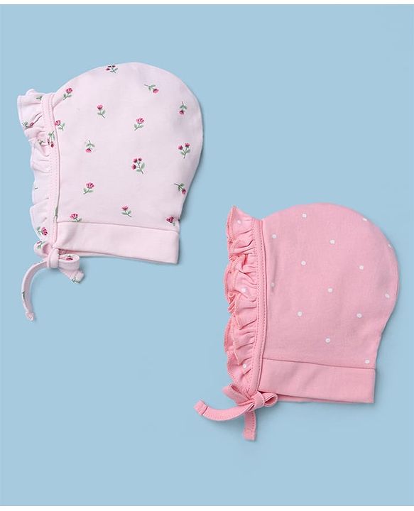 Babyhug 100% Cotton Interlock Knit Caps with Knot with Floral Polka Dots Print Pack of 2 Pink & Light Pink - Diameter 13 cm