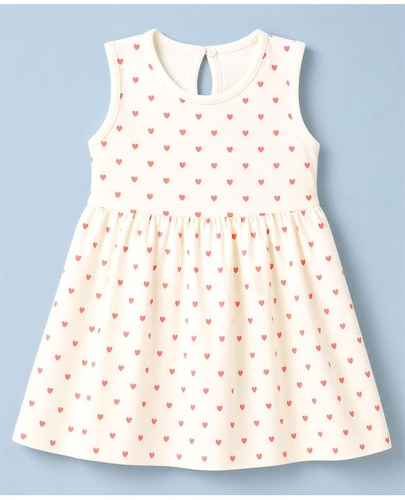 Babyhug Cotton Knit One Piece Dress with Sleeveless and Heart Print - White
