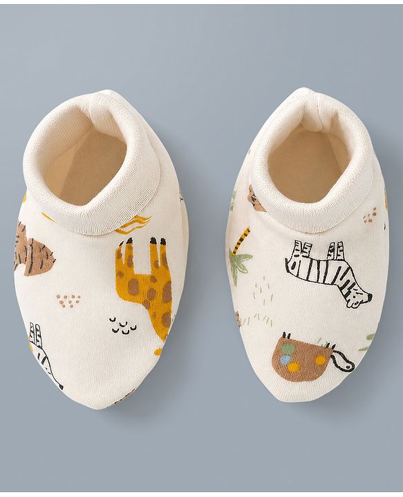Babyhug 100% Cotton Interlock Knit Mittens & Booties with Jungle Theme - Cream