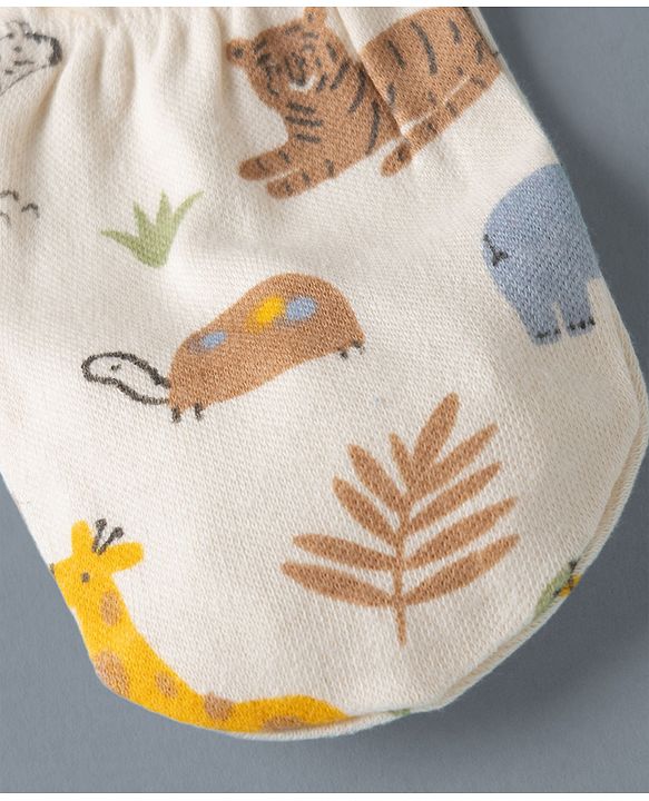 Babyhug 100% Cotton Interlock Knit Mittens & Booties with Jungle Theme - Cream
