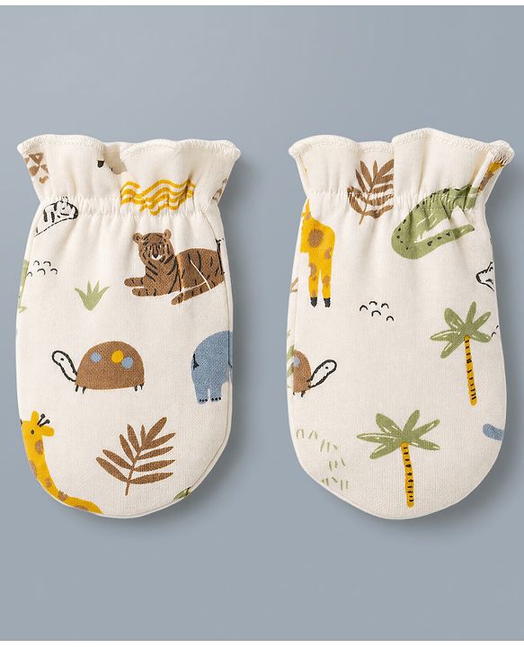Babyhug 100% Cotton Interlock Knit Mittens & Booties with Jungle Theme - Cream