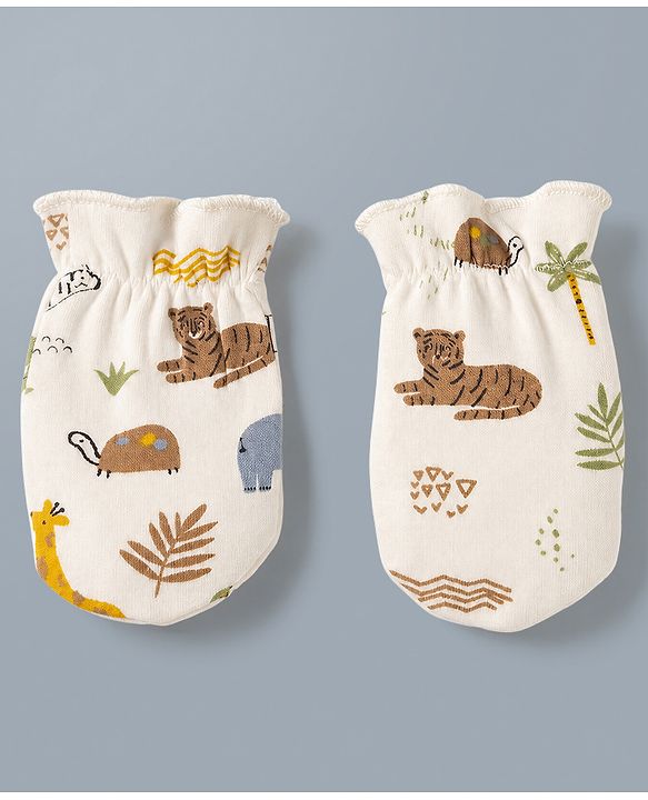 Babyhug 100% Cotton Interlock Knit Mittens & Booties with Jungle Theme - Cream