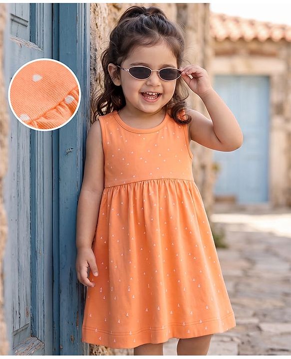 Babyhug 100% Cotton Knit Sleeveless Printed Frock - Orange
