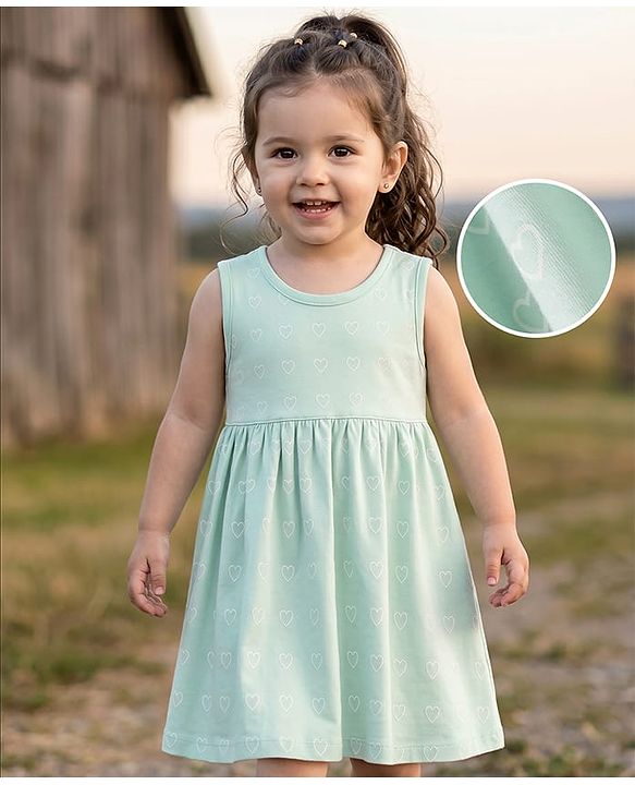 Babyhug 100% Cotton Knit Sleeveless Hearts Printed Frock - Light Green