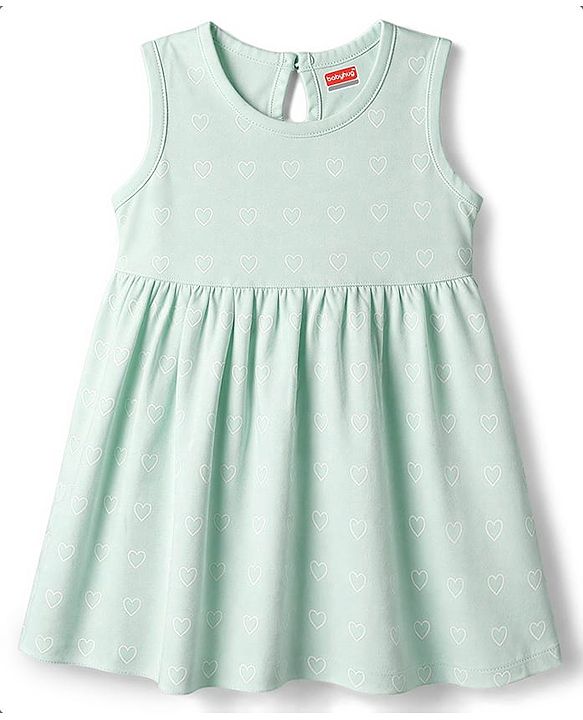 Babyhug 100% Cotton Knit Sleeveless Hearts Printed Frock - Light Green