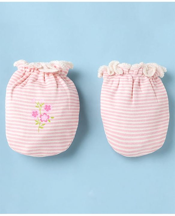 Babyhug 100% Cotton Interlock Knit Mittens & Booties With Floral Print - Pink